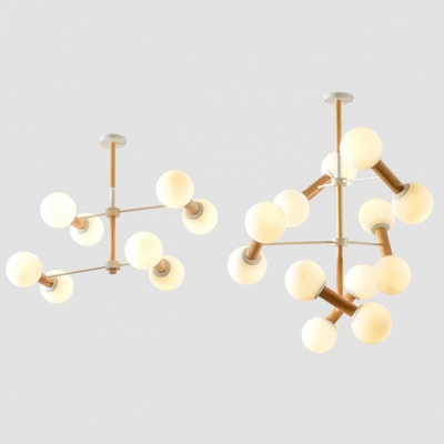 Globe Shape Living Room Chandelier Milk Glass Wood Nordic Stylish Hanging Light in White