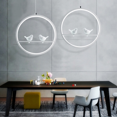 Nordic Stylish Ring Hanging Light with Bird Acrylic White Pendant Light with Warm/White Lighting for Bedroom