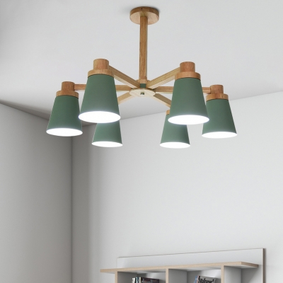 6/8 Lights Tapered Shade Pendant Light Modern Wood Chandelier in Green for Living Room