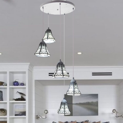 Art Glass Pendant Lamp with Bell/Cone/Dome/Trapezoid Shade Living Room 5 Lights Tiffany Style Hanging Light
