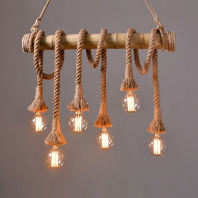 Balcony Cafe Bare Bulb Pendant Light Wood Rope 3/6 Lights Rustic Stylish Beige Hanging Light