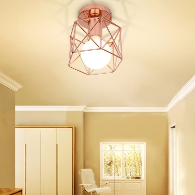 Bathroom Hallway Wire Frame Ceiling Mount Light Iron 1 Light Industrial Rose Gold Ceiling Lamp