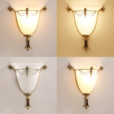 Bell Shade Gallery Wall Light Frosted Glass 1 Light Vintage Style Carved Sconce Light in White