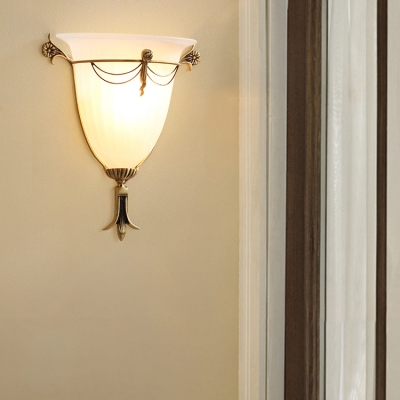 Bell Shade Gallery Wall Light Frosted Glass 1 Light Vintage Style Carved Sconce Light in White