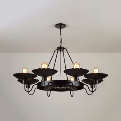 Black Scalloped Edge Pendant Lamp 8 Lights Industrial Bare Bulb Chandelier for Dining Room