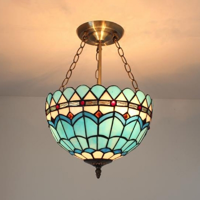 Blue Peacock Tail Chandelier Tiffany Style Stained Glass Suspension Light for Dining Room Foyer