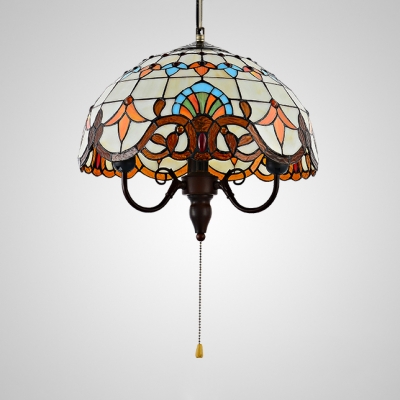 Bowl Shade Ceiling Light with Pull Chain 3 Lights Tiffany Victorian Stained Glass Hanging Light for Foyer
