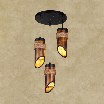 Brown Tube Pendant Light 3 Lights Rustic Stylish Bamboo Pendant Lamp for Cloth Shop Cafe
