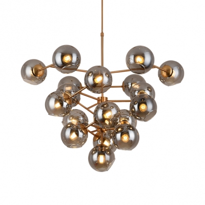 Coffee Shop Grape Pendant Light Smoke Glass 19 Lights Creative Brass Chandelier with Spherical Shade
