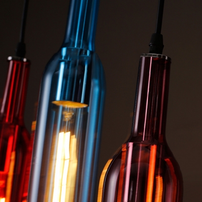 Colorful Wine Bottle Island Light 5 Lights Industrial Metal Hanging Lamp for Cafe Buffet