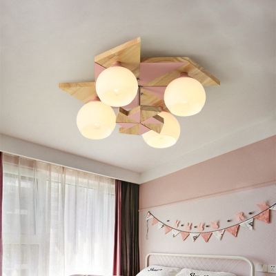 Cute Globe Flush Mount Light with Windmill 4 Lights Wood Ceiling Lamp in Gray/Green/Pink for Child Bedroom