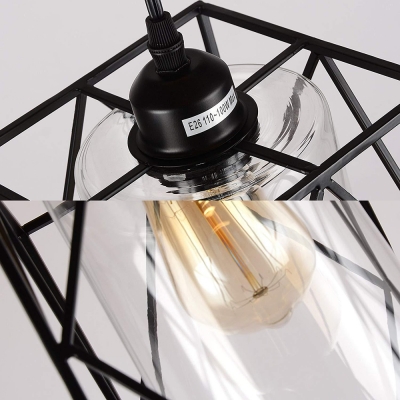 Cylinder Cafe Pendant Lamp with Cage & Plug-In Cord Clear Glass/Flax 1 Head Vintage Hanging Light in Black