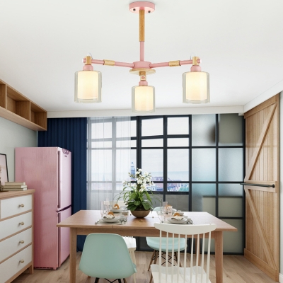 Cylinder Child Bedroom Chandelier Glass 3 Lights Simple Style Pendant Light with Macaron Color