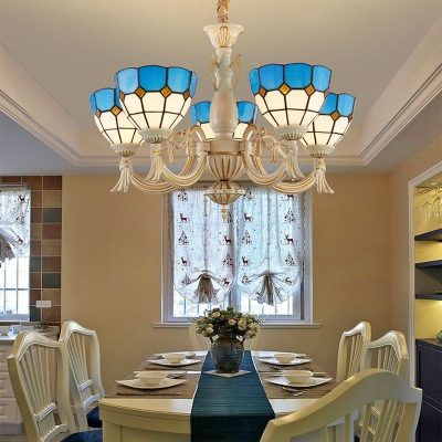 Dining Room Dome Shade Chandelier Glass 5 Lights Tiffany Style Nautical Blue Pendant Lamp