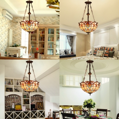 Dome Shade Hanging Light 5 Lights Tiffany Style Victorian Stained Glass Chandelier for Bedroom