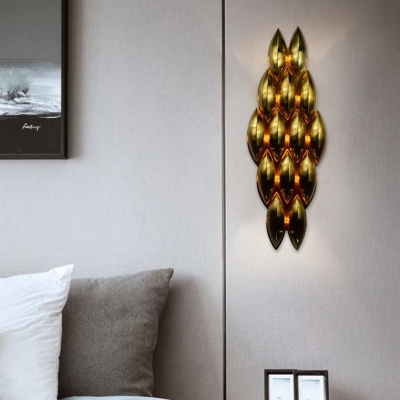 Elegant Style Satin Brass Sconce Light Leaf Shade 7/14 Lights Metal Wall Lamp for Dining Room