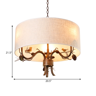 Fabric Drum Shade Hanging Light Villa 3 Lights Rustic Style Chandelier with Bird Decoration in Rust