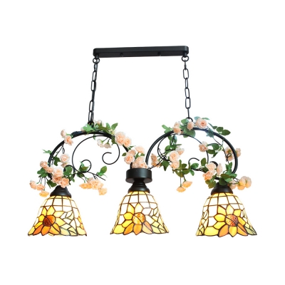 Flower Pendant Lighting 3 Lights Rustic Stained Glass Chandelier for Restaurant Coffee Shop