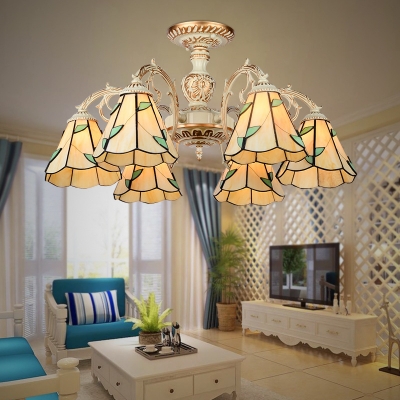 Glass Cone Shade Suspension Light with Leaf Foyer Bedroom 3/5/6/8 Lights Tiffany Style Chandelier in Beige