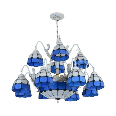 Glass Dome Suspension Light with Mermaid Living Room 15 Lights Tiffany Style Chandelier in Blue