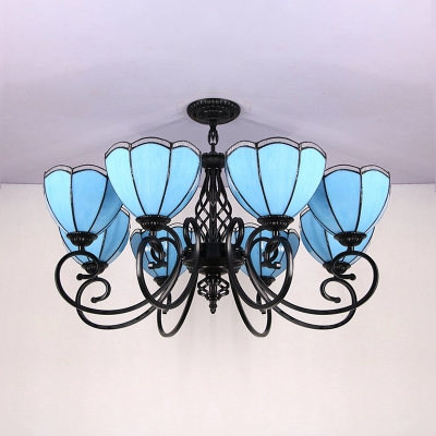 Glass Domed Shade Chandelier 8 Lights Traditional Ceiling Light in Blue for Living Room Restaurant