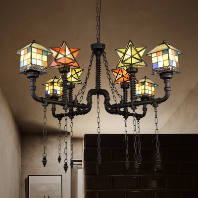 Glass Star & House Chandelier Restaurant 8 Lights Tiffany Style Industrial Hanging Light