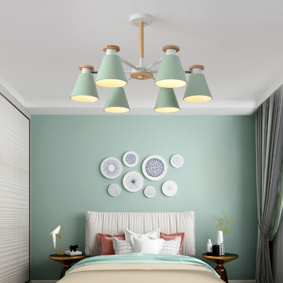 Gray/Green/Yellow Cone Chandelier Rotatable 6 Lights Macaron Loft Metal Ceiling Pendant for Child Bedroom