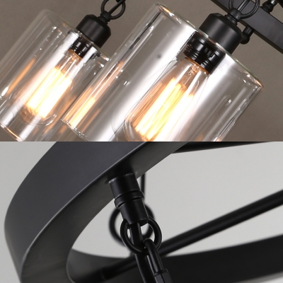 Industrial Black Suspension Light Cylinder 2-Tier 14 Lights Metal Hanging Light with Wheel for Restaurant