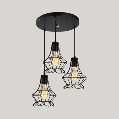 Industrial Cage Pendant Light Metal 3 Lights Black Hanging Lamp with Linear/Round Canopy for Restaurant