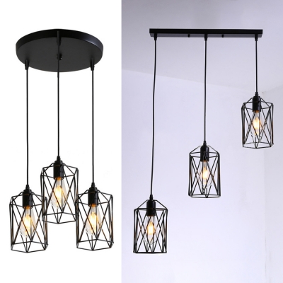 Industrial Cylinder Cage Hanging Lamp 3 Lights Metal Suspension Light in Black for Kitchen Bar