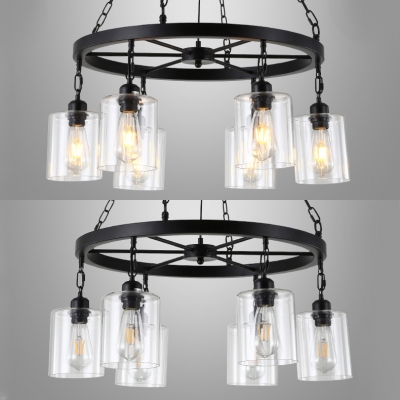 Industrial Cylinder Pendant Lamp Clear Glass 6/8 Lights Black Chandelier with Wheel for Bar