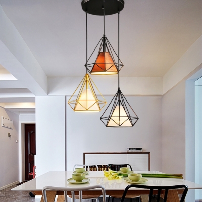 Industrial Pendant Light with Wire Frame Diamond 3 Lights Metal Ceiling Fixture for Dining Room