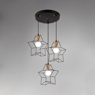 Industrial Star Cage Suspension Light 3 Lights Metal Pendant Lamp in Black for Kid Bedroom