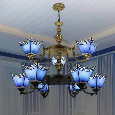 Living Room Cone Pendant Light Glass 2-Tier 9 Lights Mediterranean Style Blue Chandelier