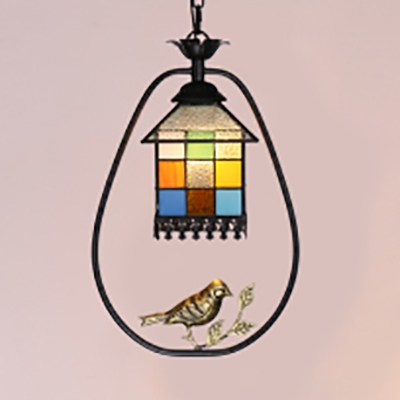 Lodge Balcony Pendant Light with Brass Bird Stained Glass 1 Light Tiffany Rustic Pendant Lamp