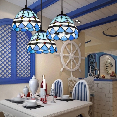 Mediterranean Style Blue Pendant Light Grid Bowl Shade 3 Lights Stained Glass Pendant Lamp for Hallway