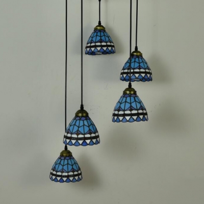 Mediterranean Style Dome Pendant Light 5 Lights Stained Glass Hanging Light in Blue for Bedroom