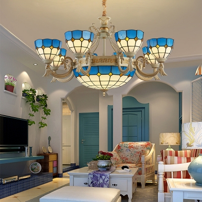 Mediterranean Style Dome Shade Chandelier Art Glass Blue Suspension Light for Living Room