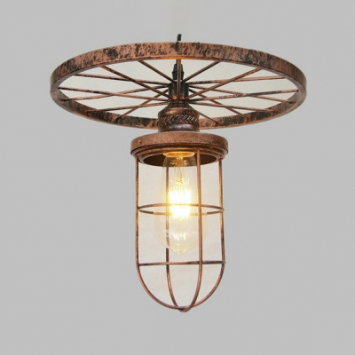 Metal Bulb Cage Pendant Light with Wheel 1 Light Industrial Ceiling Pendant in Bronze for Bar