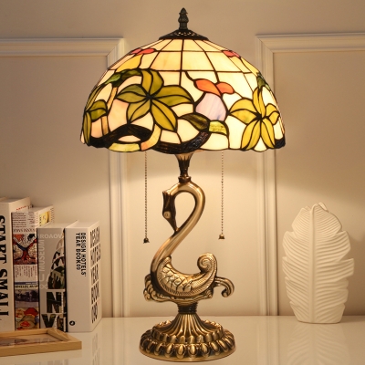 Metal Swan Desk Light Bedroom Hotel Two Lights Rustic Tiffany Style Multi-Color Table Light with Pull Chain