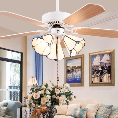 Modern 4 Blade LED Ceiling Fan with Pull Chain 3 Lights Glass Ceiling Lamp in White for Dining Room