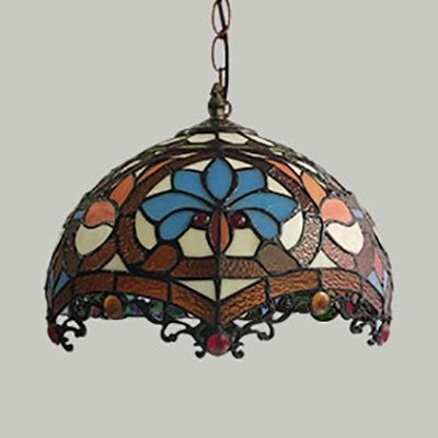 Multi Color Domed Ceiling Pendant with Lotus Tiffany Vintage Glass Handmade Hanging Lamp for Bar
