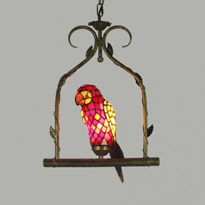 Multi-Color Parrot Pendant Light 1 Head Tiffany Style Rustic Ceiling Lamp for Restaurant