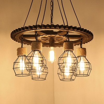 Retro Loft Edison Bulb Hanging Light 5/7 Heads Wood Pendant Lamp in Black Finish for Bar