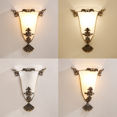 Rustic Style White Wall Lamp Bell Shade 1 Light Frosted Glass Carved Sconce Light for Restaurant