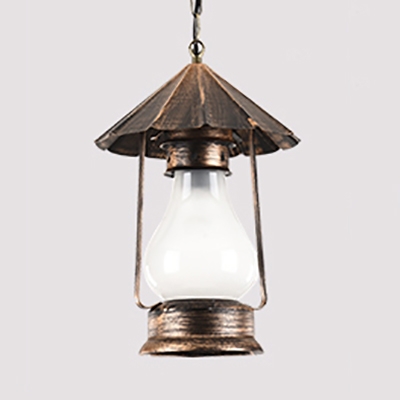 Single Light Kerosene Suspension Light Antique White/Yellow Glass Hanging Light in Brass for Kitchen