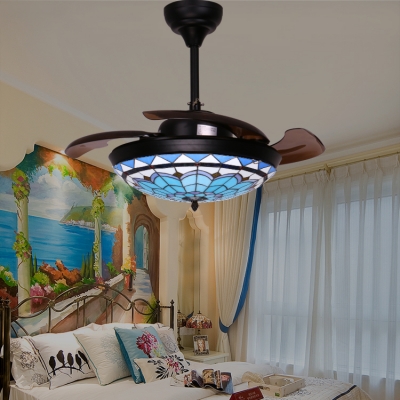 Stained Glass Bowl Semi Flush Mount Light with 3 Blade Mediterranean Style LED Ceiling Fan in Blue for Bedroom