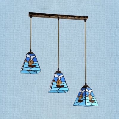 Stained Glass Ship Hanging Light with Craftsman Shade 3 Lights Nautical Style Island Pendant in Blue for Kitchen