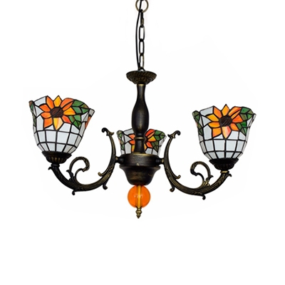 Stained Glass Sunflower Chandelier Restaurant 3 Lights Rustic Style Hanging Lamp