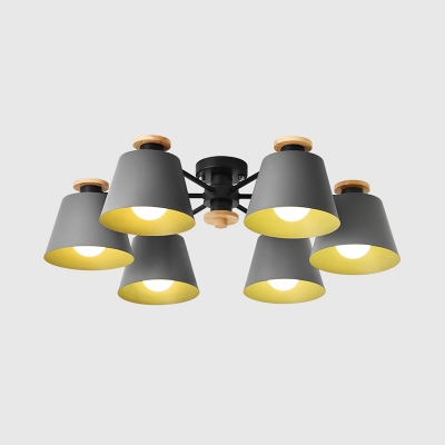 Tapered Dining Room Semi Flush Light Metal 6 Lights Simple Style Ceiling Lamp in Green/Gray